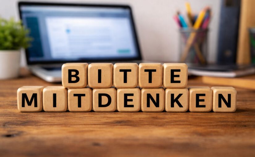 Holzwürfel auf einem Schreibtisch. Sie zeigen die Worte: Bitte mitdenken - KI-generiert